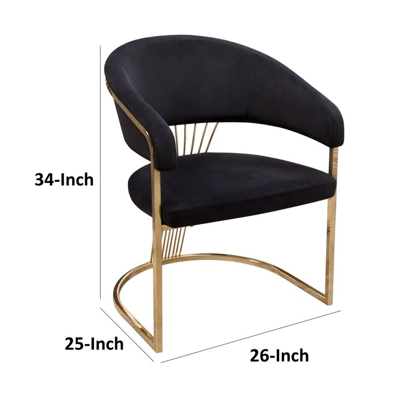 Emy 26 Inch Cantilever Barrel Dining Chair, Black Velvet Upholstery, Gold - Benzara