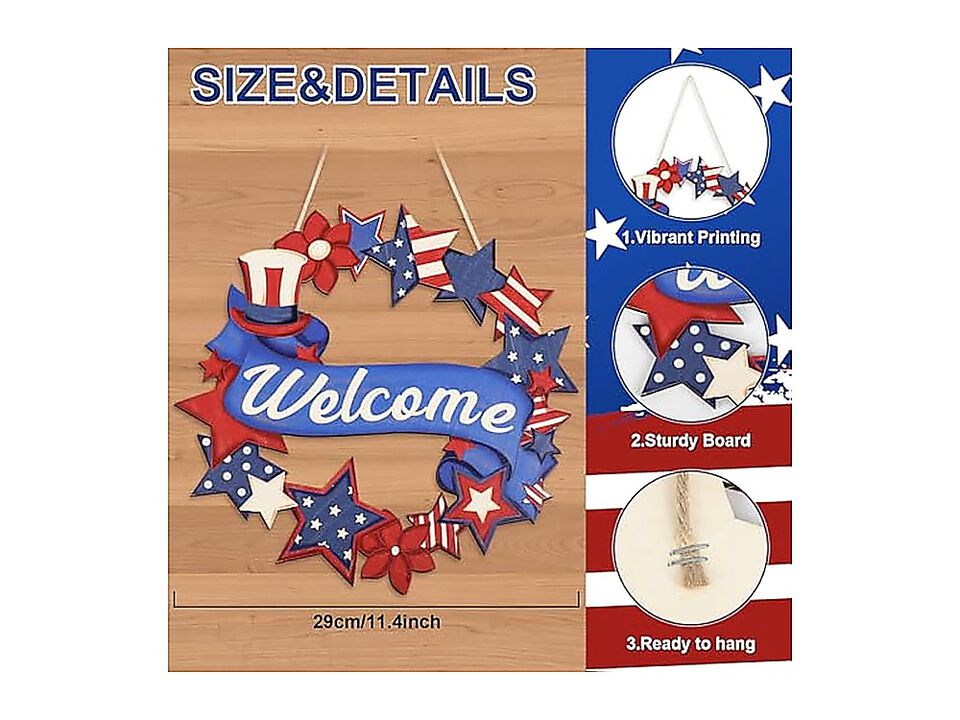 4th July Decor Wood Welcome Sign American Flag Star Wreath Outdoor Wall Hanging