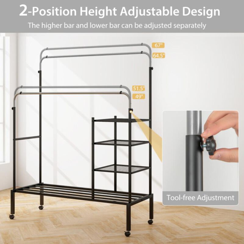 Hivvago Rolling Double Rods Garment Rack with Height Adjustable Hanging Bars