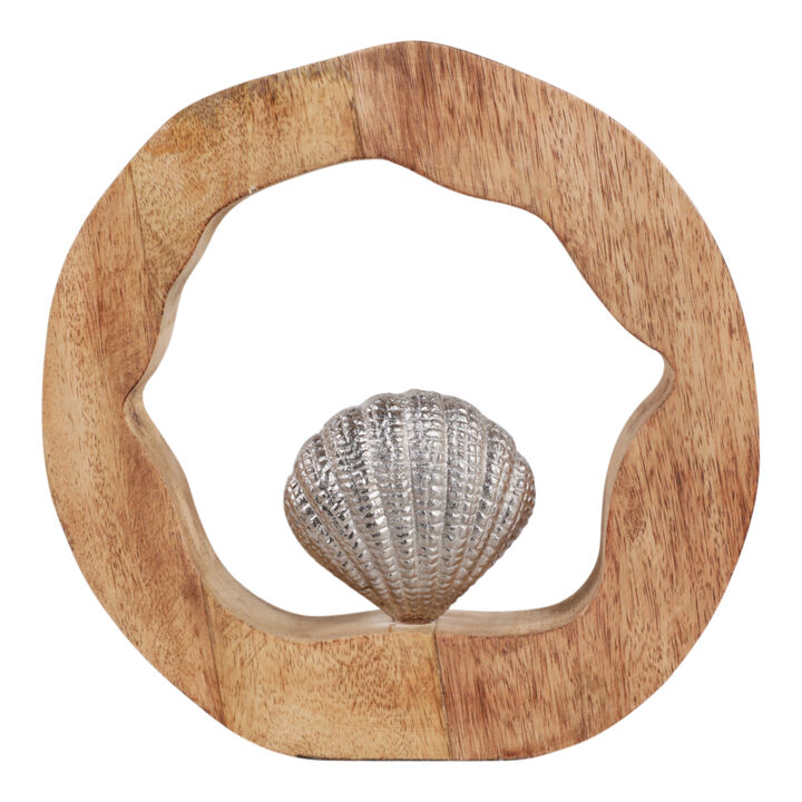 10x10" Seashell In Wood Round, Silver/natural
