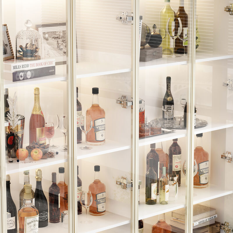 FUFU&GAGA 63 in. Tall White Wood Bookcase Bookshelf With 3-Color LED Lights and Tempered Glass Doors,(94.5" W x 63" H x 15.7" D), White