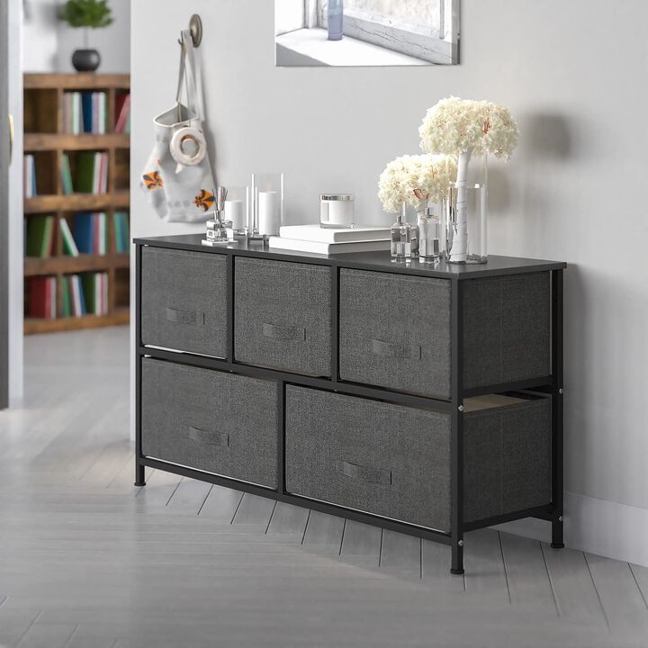 Flash Furniture Harris 5 Drawer Storage Chest - Black Cast Iron Frame and Wood Top - 5 Easy Pull Dark Gray Fabric Drawers