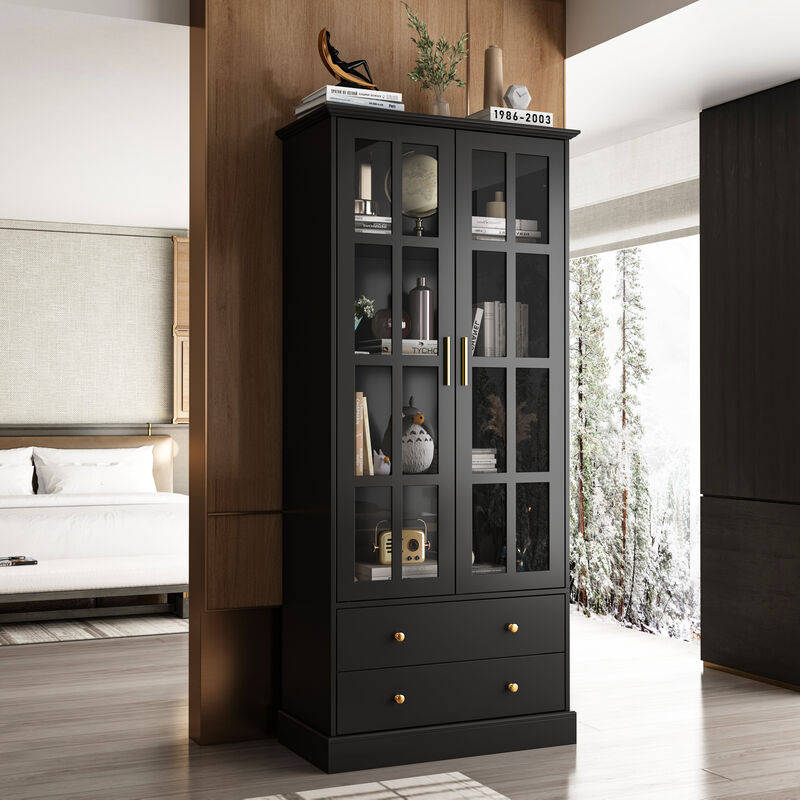 FUFU&GAGA Modern Bookcase with Glass Doors, 3 Fixed Shelves, and Spacious Drawers, Elegant Storage Cabinet for Living Room, Office, and Bedroom (70.1"H x 31.5"W x 15.4"D) image number 3