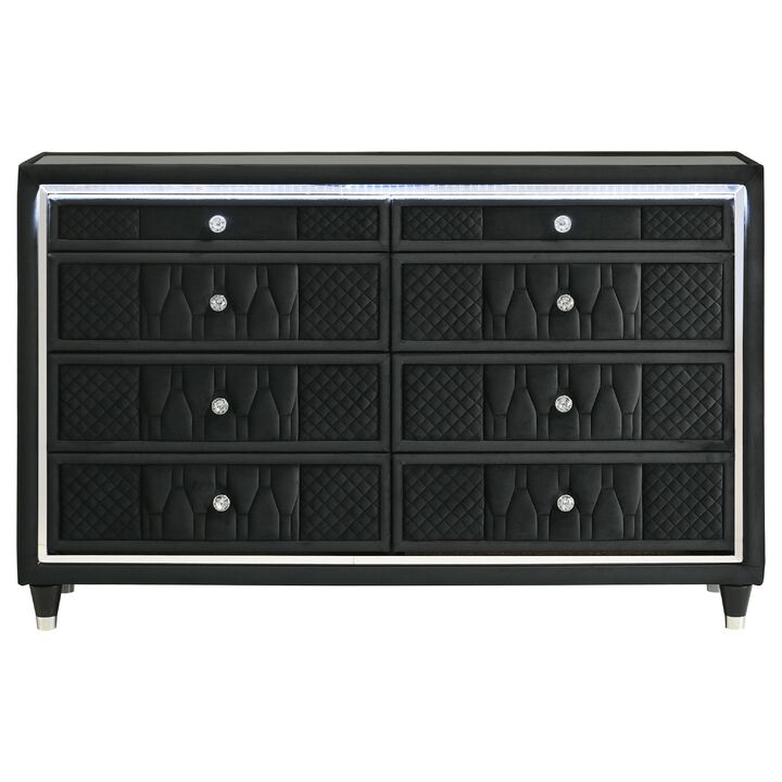 Maren Wide Dresser, 8 Drawers and LED Light, Black Tufted Velvet, Glass Top