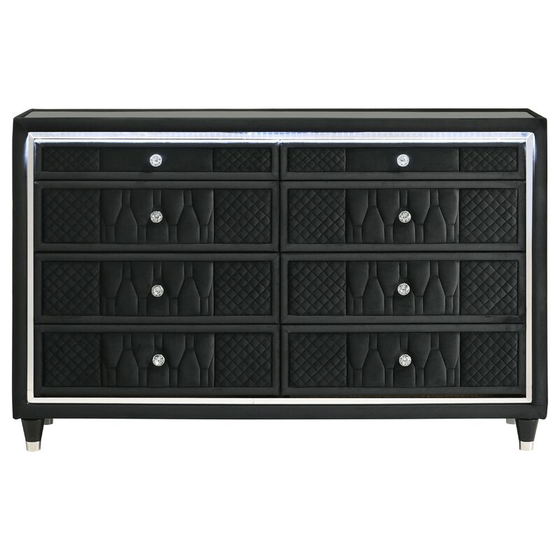 Maren Wide Dresser, 8 Drawers and LED Light, Black Tufted Velvet, Glass Top image number 0