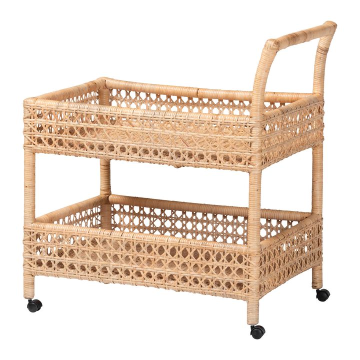 bali & pari Alaina Natural Rattan Kitchen Cart - 2-Tier Handwoven Wicker Storage Trolley with Handle for Kitchen or Lounge