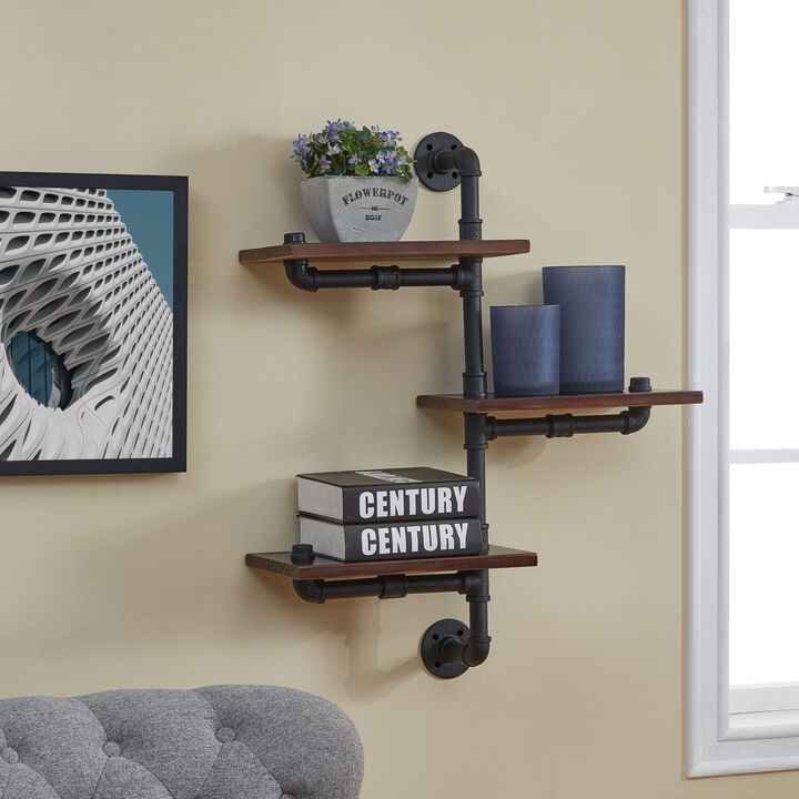 3-Tier Vertical Floating Staggered Industrial Rustic Pipe Wall Mount Shelving Unit