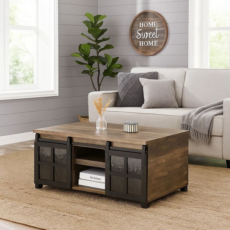 Coffee Table with 2 Barn Sliding Glass Doors and Pull Out Tray, Brown