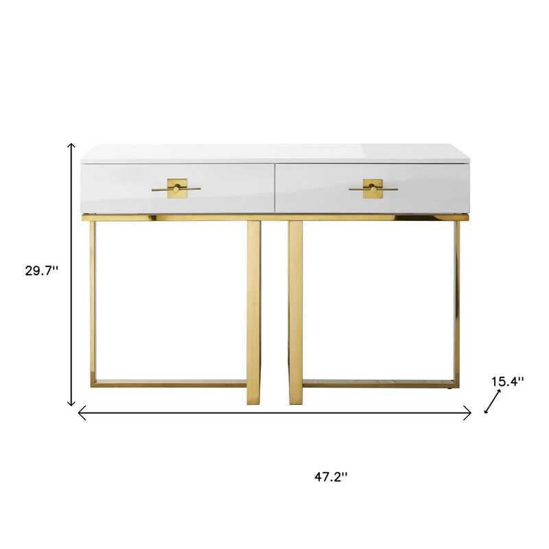 HomeRoots 47" White Wood and Gold Stainless Steel Sled Console Table With Two Drawers image number 6