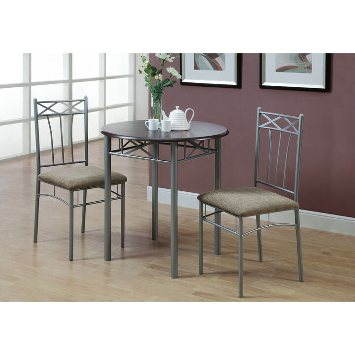 Monarch Specialties I 3075 Dining Table Set, 3pcs Set, Small, 30" Round, Kitchen, Metal, Laminate, Brown, Grey, Transitional