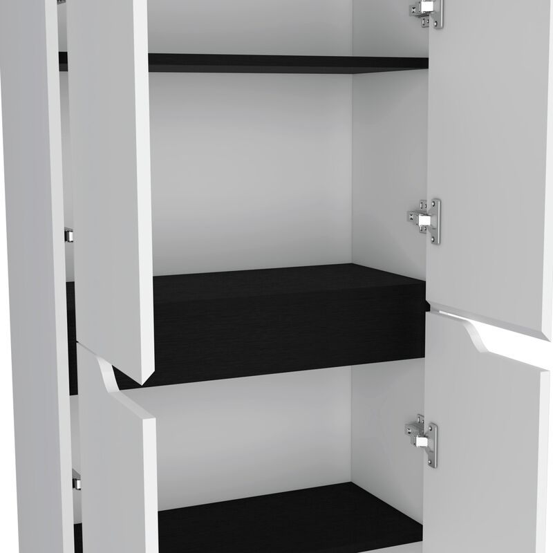 Kitchen Storage Cabinet 67"H, Four Doors, Five Interior Shelves, White/Black