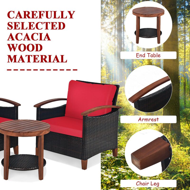 3 Pieces Patio Rattan Furniture Set with Washable Cushion and Acacia Wood Tabletop