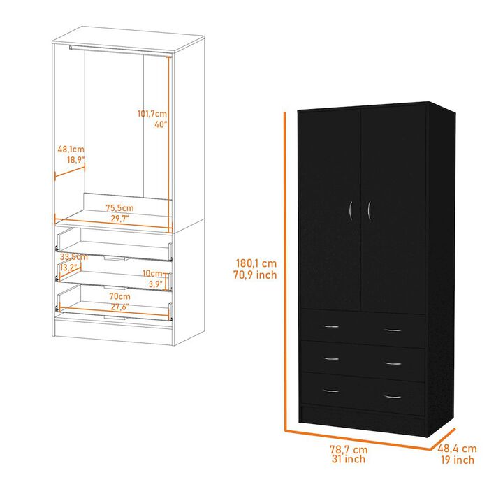Fm Furniture Prescott Armoire, with 2 doors, 3 drawers and 1 hanging rod, Wenge