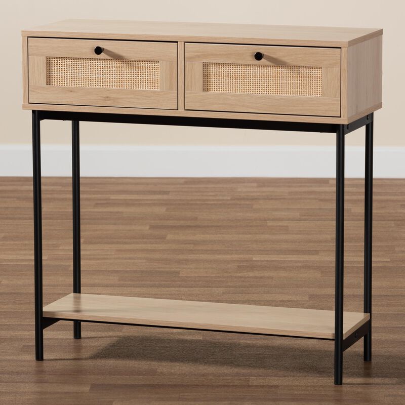 Baxton Studio Sherwin Light Brown And Black 2 Drawer Console Table With Woven Rattan Accent