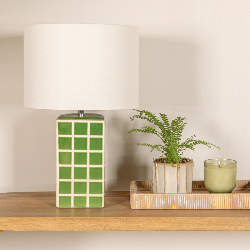 Green Grid Stoneware Table Lamp with Linen Shade image number 1