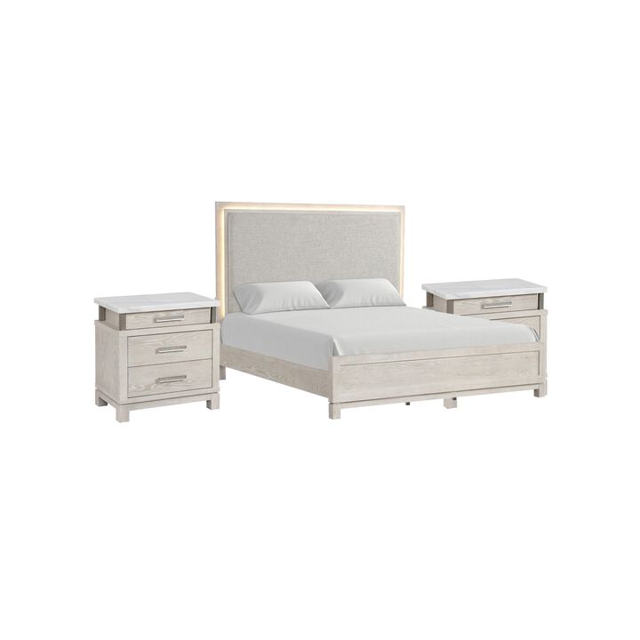 Queen Bedroom Set in Weathered Gray Wood with White & Silver Accents &ndash; 3 Piece Set with 2 Nightstands