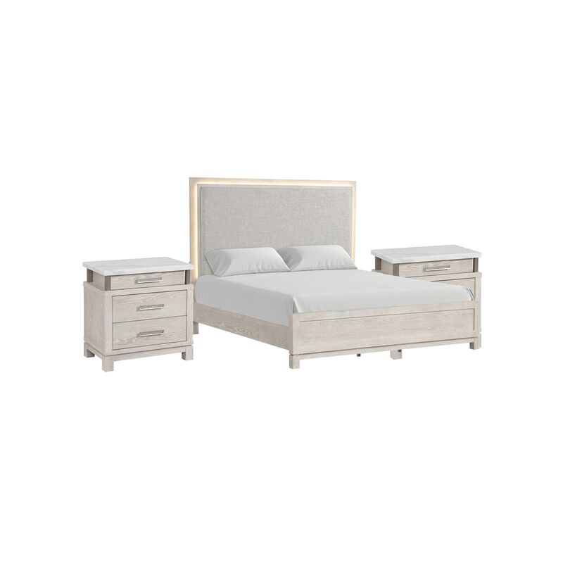 Queen Bedroom Set in Weathered Gray Wood with White & Silver Accents &ndash; 3 Piece Set with 2 Nightstands image number 0