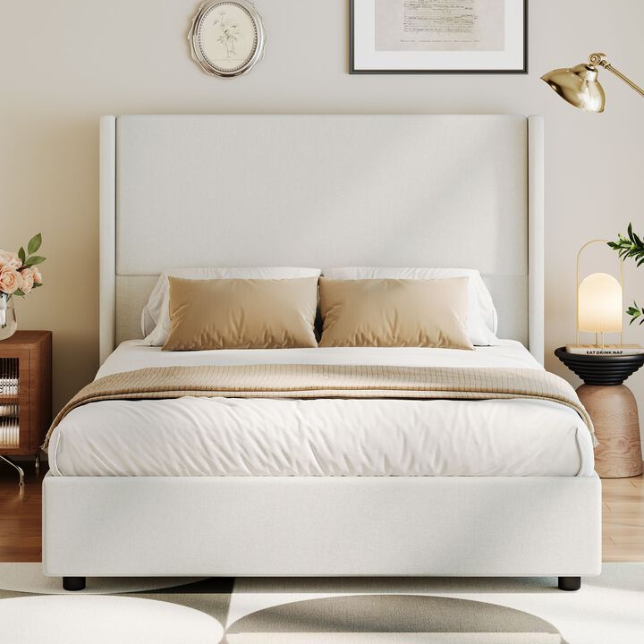 Queen Platform Upholstered Bed Frame with 55.5" Tall Headboard with Wing Side,Wooden Slat Support