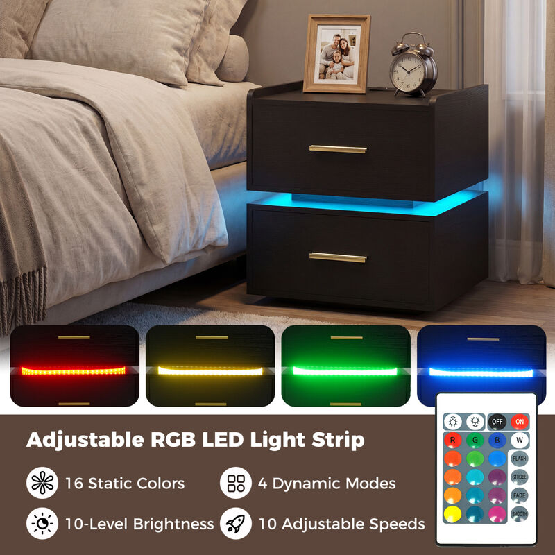 Modern Nightstand with LED Light, Charging Station and 2 Storage Drawers image number 5