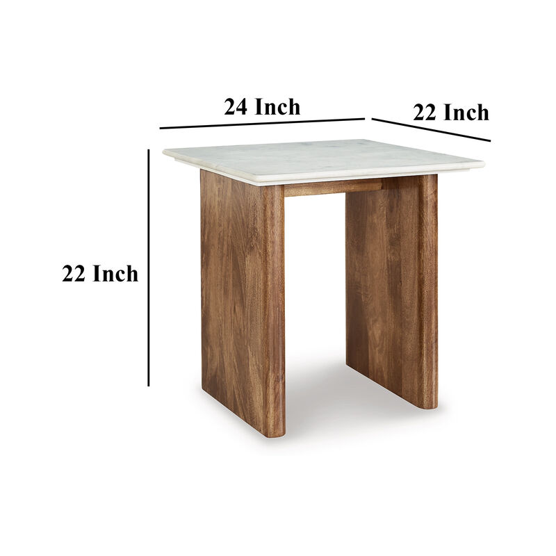 Wrenn Side End Table, Marble Top, 24 Inch Rectangular Brown Mango Wood