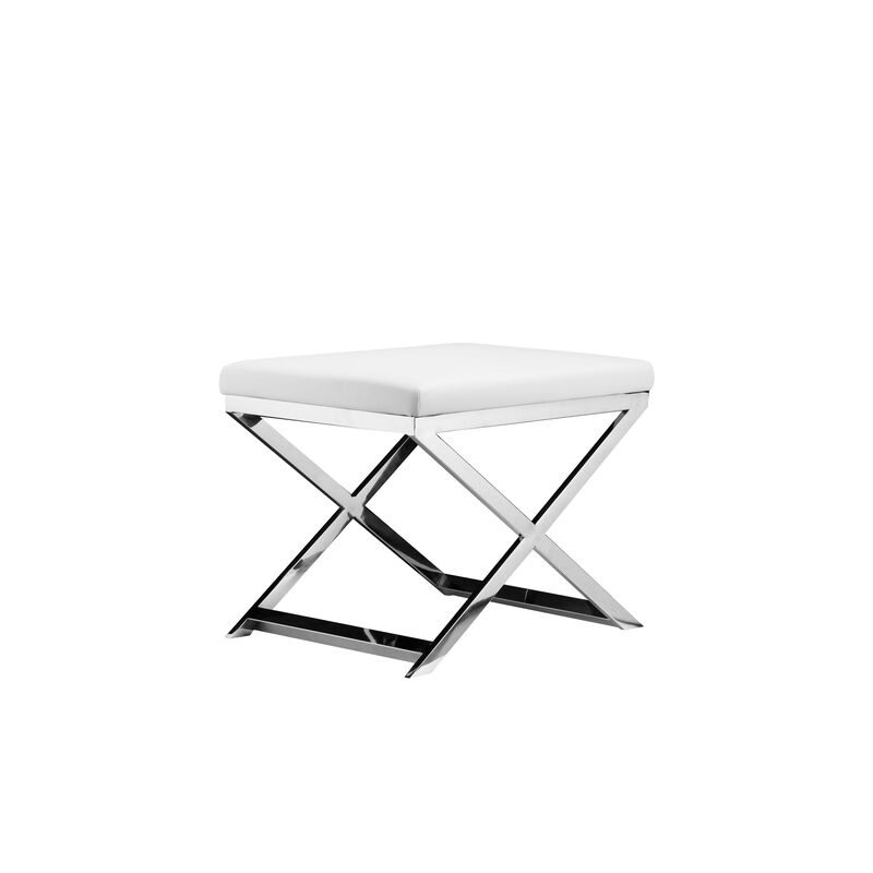 Sovi 20 Inch Accent Stool Ottoman, X Steel Legs, White Faux Leather - Benzara