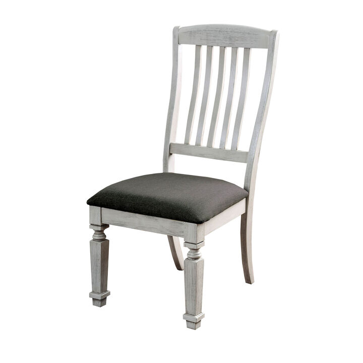 Wooden Side Chair with Fabric Upholstered Padded Seat, Pack of Two, Antique White and Gray-Benzara