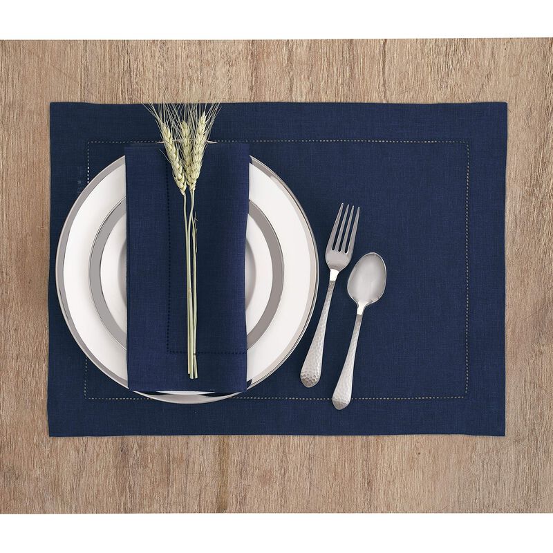 Solino Home 100% Pure Linen Placemats 14 x 19 Inch Set of 6 - Classic Hemstitch