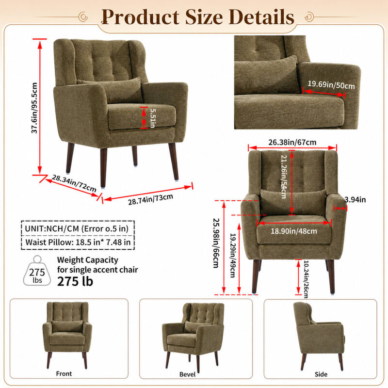 GOODSILO Upholstered Chenille Accent Armchair with Pillow, Comfy Padded Lounge Chair for Small Spaces, Living Room, Bedroom image number 1