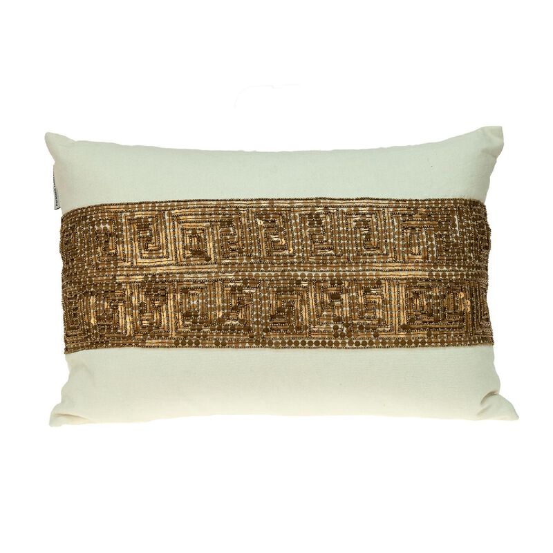 20" Off-white and Bronze Contemporary Embroidered Throw Pillow