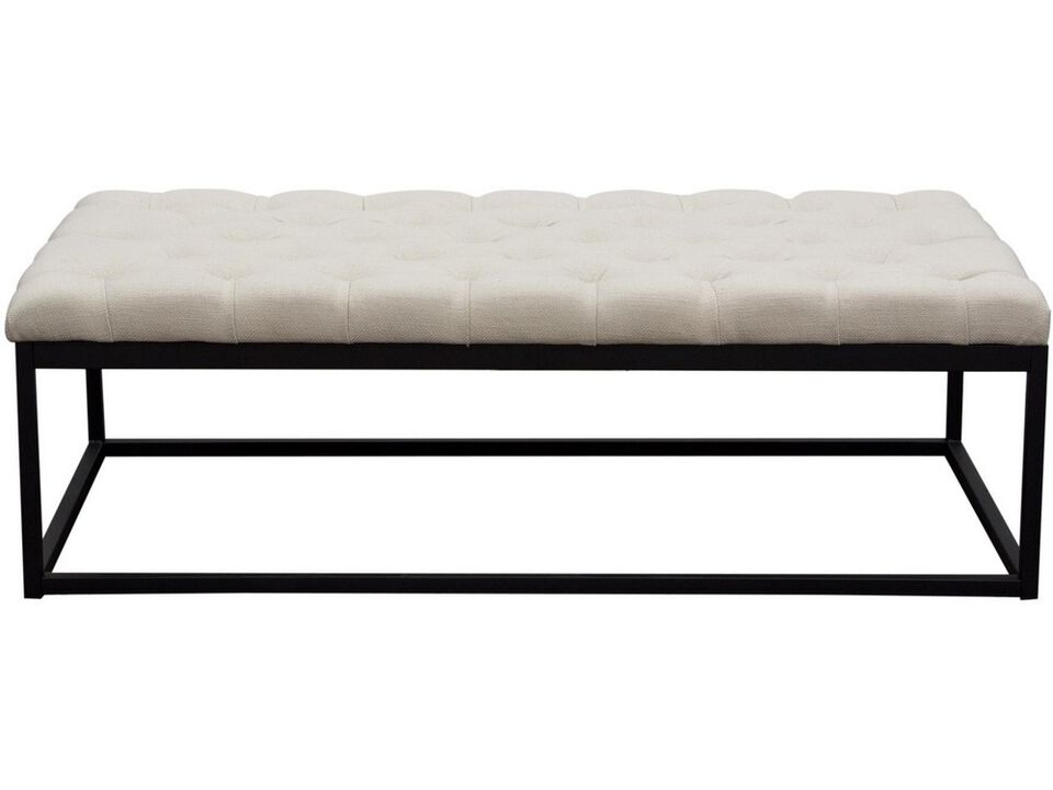 Linen Upholstered Button Tufted Bench with Open Metal Base, Large, Beige and Black - Benzara