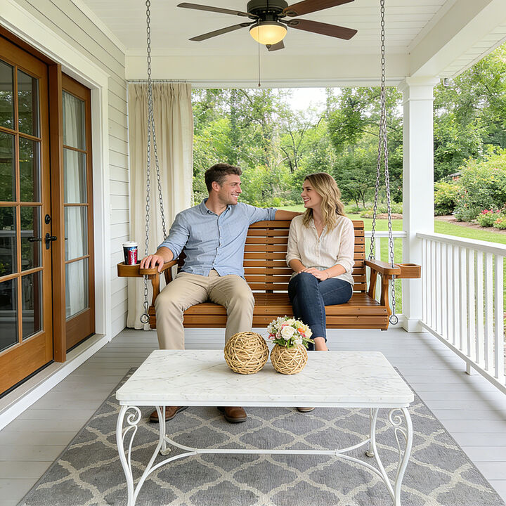 Mega Casa Wooden Porch Swing 2-Seater, Bench Swing with Cupholders, Hanging Chains and 7mm Springs, Heavy Duty 800 LBS, for Outdoor Patio Garden Yard (Brown)