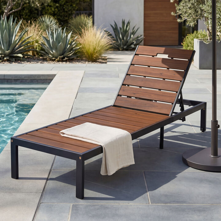 Merax Outdoor Chaise Lounge | 6-Position Adjustable Backrest, Steel Frame with Acacia Wood Slat Seat