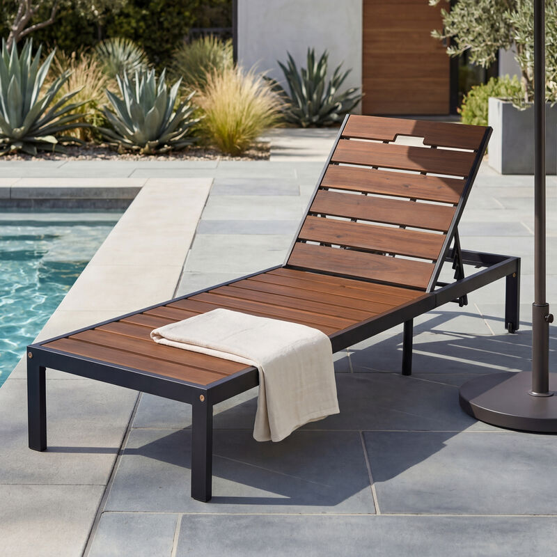Merax Outdoor Chaise Lounge | 6-Position Adjustable Backrest, Steel Frame with Acacia Wood Slat Seat image number 1