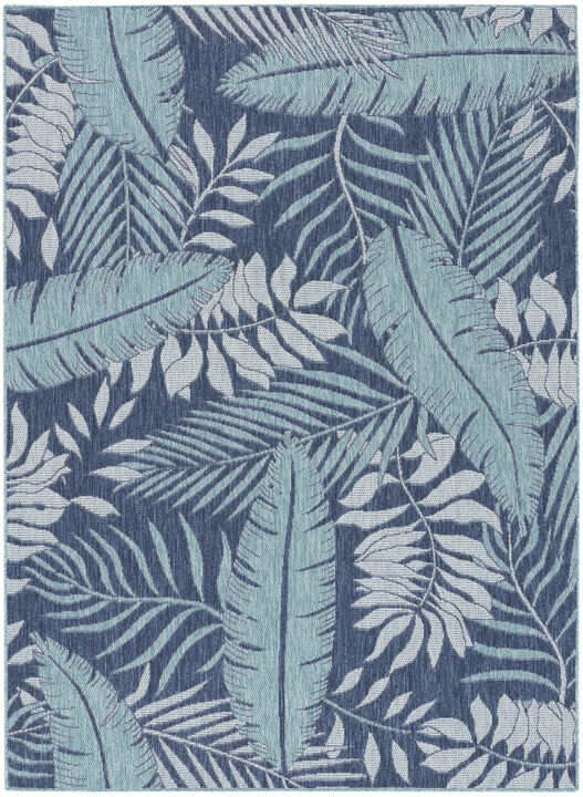 HomeRoots 6' X 9' Navy Blue And Ivory Palm Leaf Indoor Outdoor Area Rug