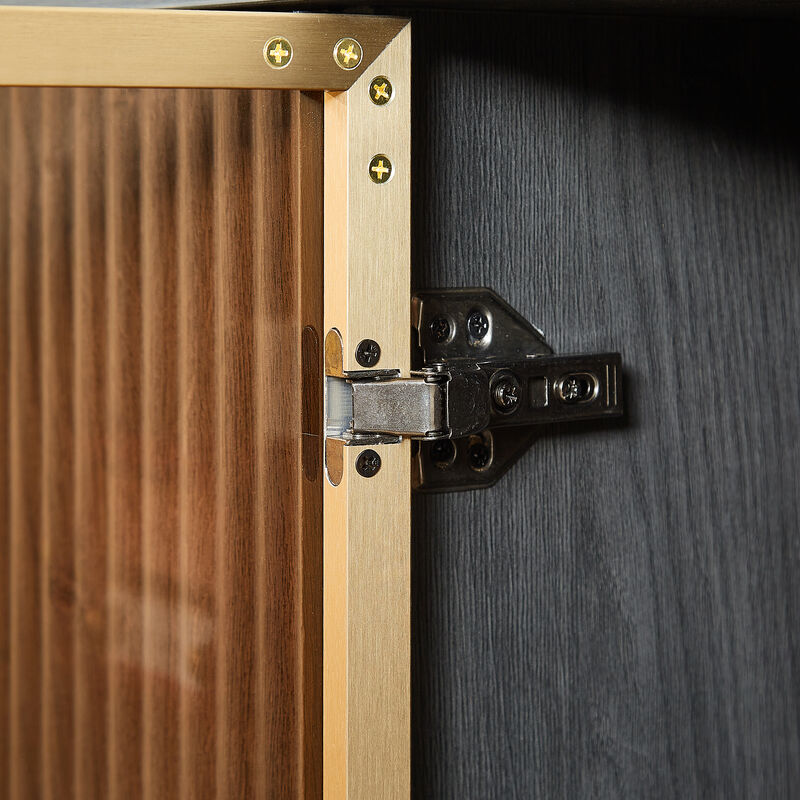 TATEUS Black 64" Wavy TV Stands &ndash; Round Sideboard with Wooden Vertical Stripes & Tempered Glass Doors