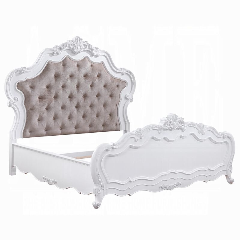 Tisha King Bed, Tufted Dark Beige Chenille Upholstery w White Traditional Design image number 0