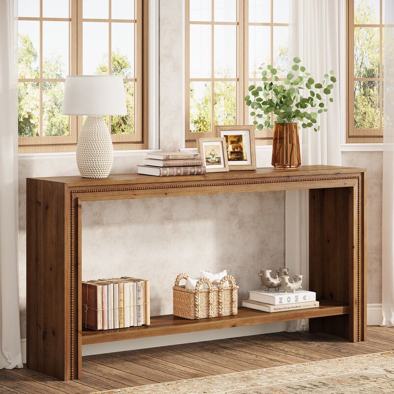 Narrow Solid Wood Entryway Console Table with 2-Tier Storage Shelf-Brown image number 3