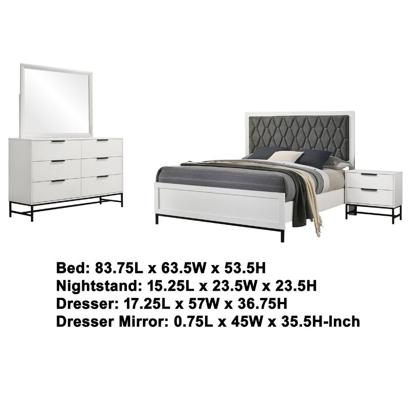 Noro 4pc Queen Bedroom Set, Modern White, Dresser Mirror Nightstand