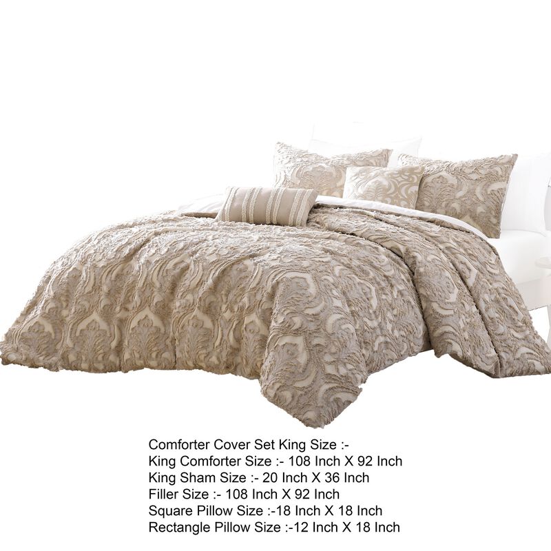 Kile Modern 6 Piece King Size Duvet Comforter Set, Beige Medallion Pattern - Benzara