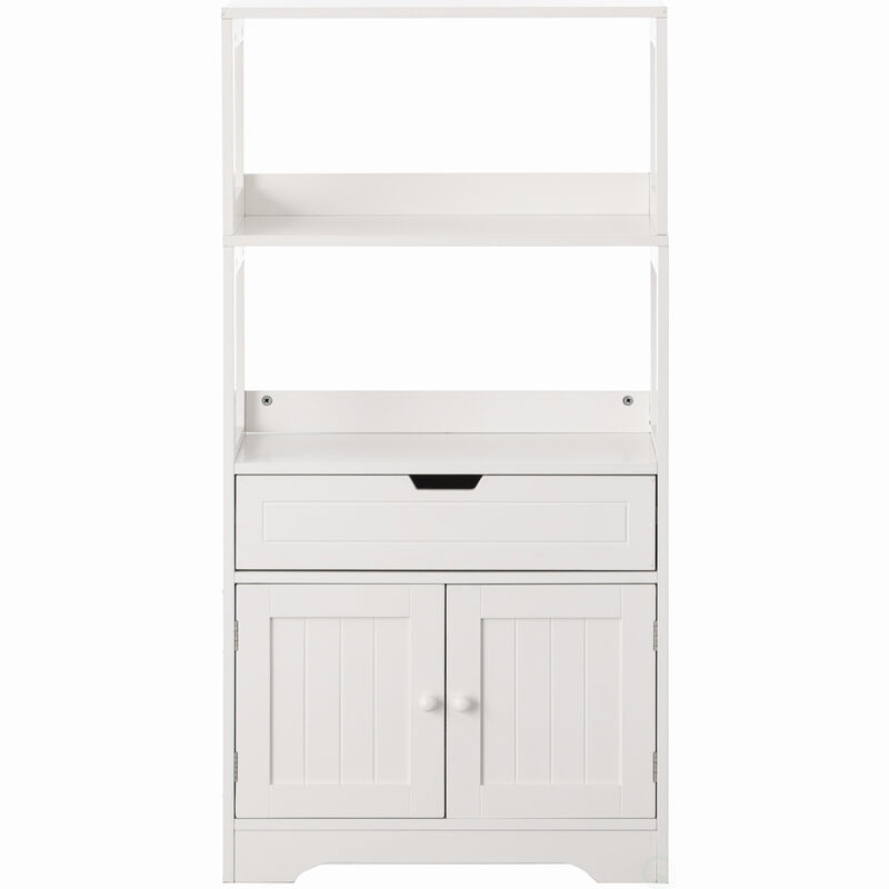 Tall Freestanding Wooden Storage Vanity, Kitchen Pantry, and Bathroom Cabinet Organizer, with 2 Open shelves, A drawer and 2 Door Cabinet, White