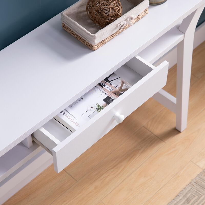 White Console Desk with 2 Side Shleves and Center Drawer