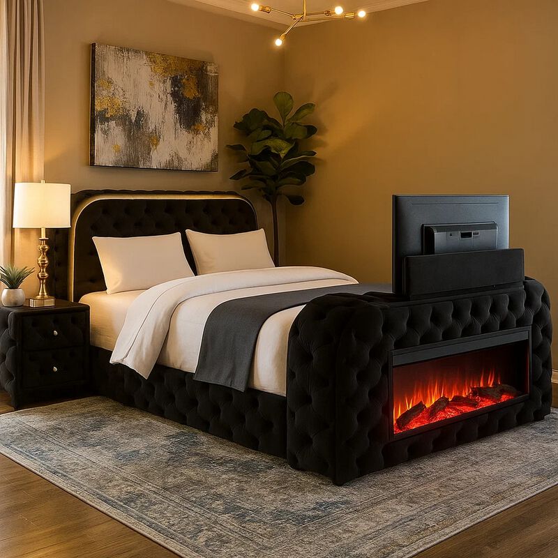 Kerie Queen Size Bed with LED Fireplace, TV Lift Stand, Black Velvet