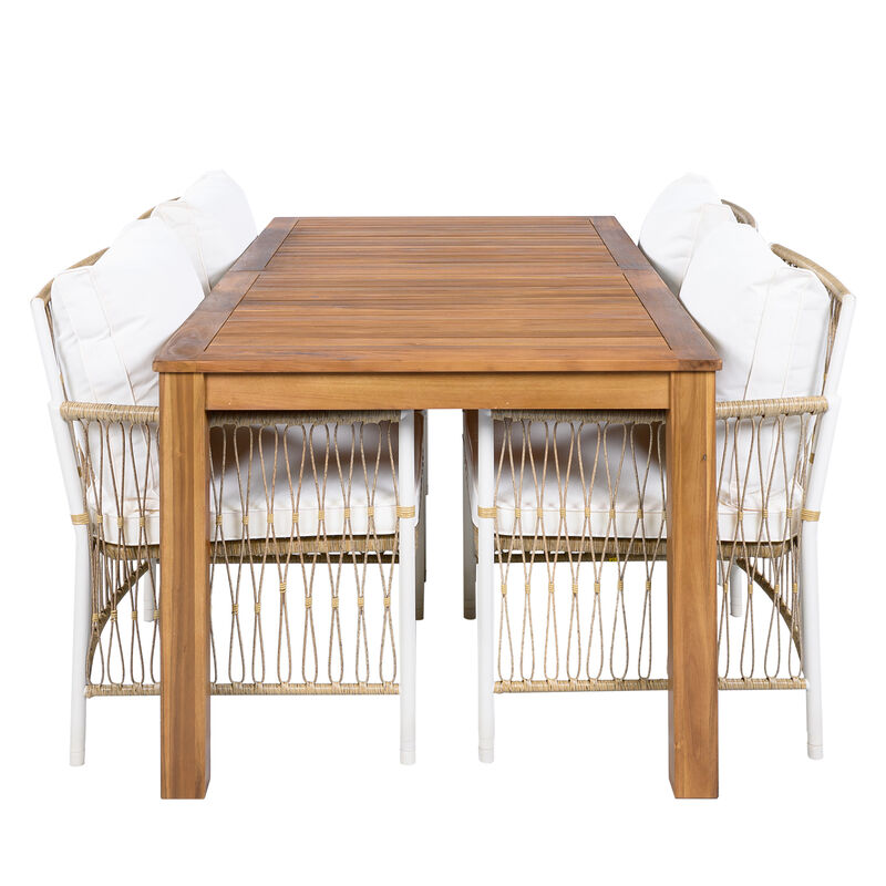 Whisen Outdoor 5-Piece Wooden Dining Set, PE Rattan Arm Chairs, 67'' Rectangular Table for Poolside, Garden image number 7