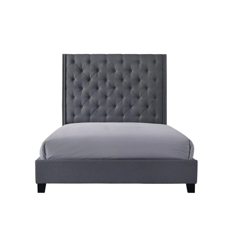 Benjara Maze Queen Size Bed, Button Tufted, Nailhead Trim, Gray Fabric Upholstery