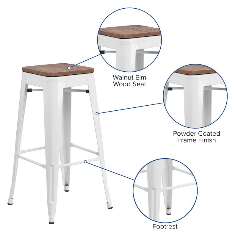 Flash Furniture 30" High Backless White Metal Barstool with Square Wood Seat image number 2