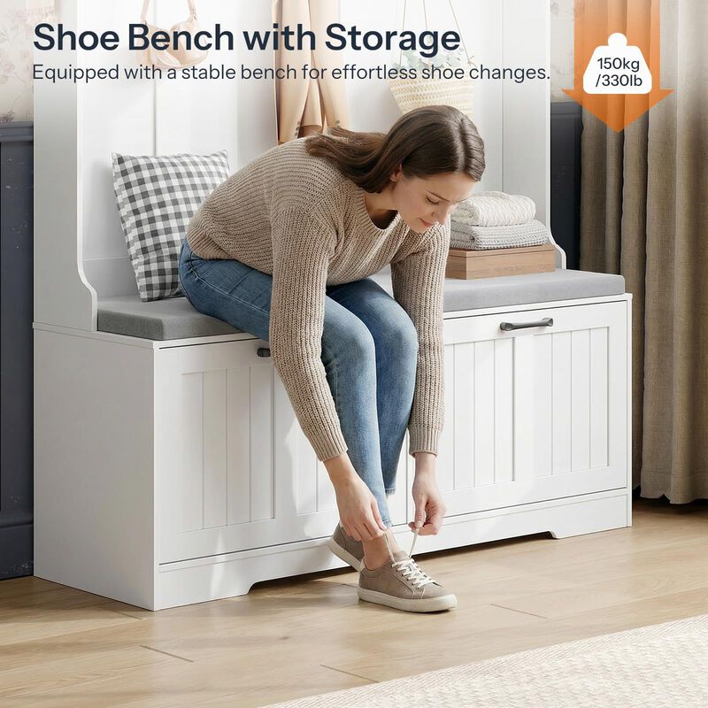 Entryway Hall Tree with Bench, Coat Rack and Shoe Cabinet Storage Organizer image number 5