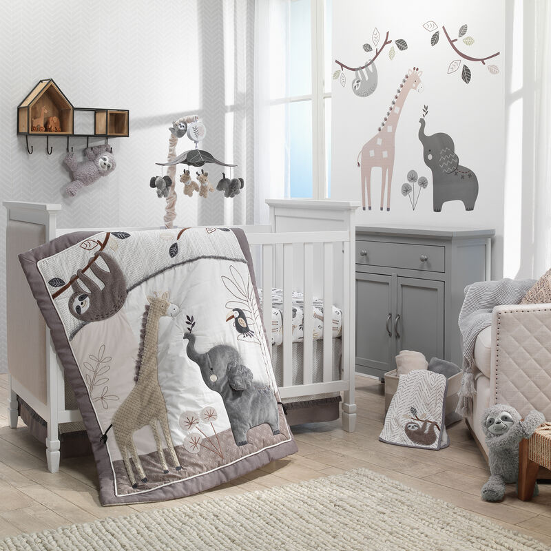 Lambs & Ivy Baby Jungle Animals White/Gray/Taupe Cotton Fitted Crib Sheet