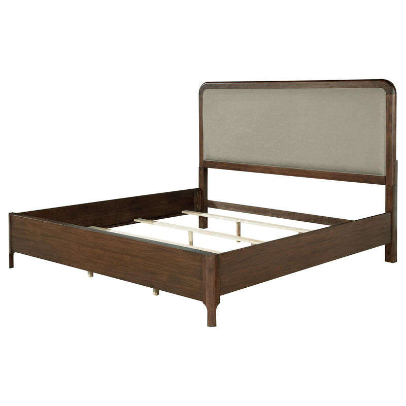 Rie California King Bed, Taupe Gray Headboard, Walnut Brown Wood