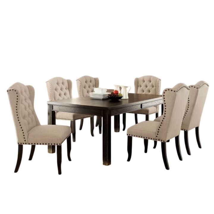 Bega 7pc Counter-Height Table Set, 6 Tufted Nailhead Chairs, Black Wood