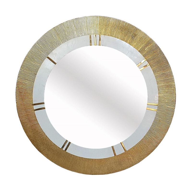 HomeRoots 36" Gold and White Round Aluminum Ribbed Edge Framed Accent Mirror image number 0